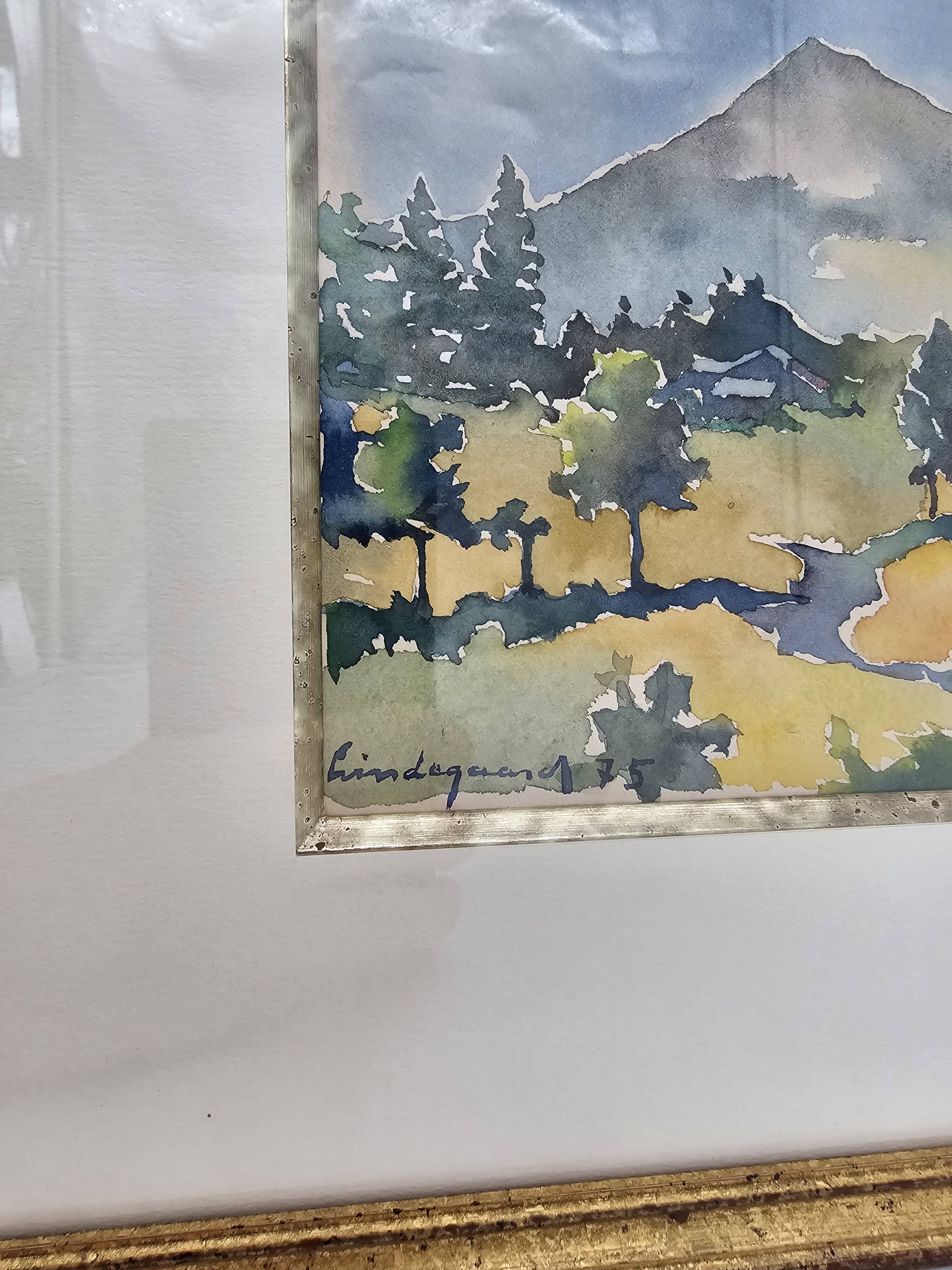 Framed watercolor by Henri Lindegaard 1975 - Forest and mountain landscape