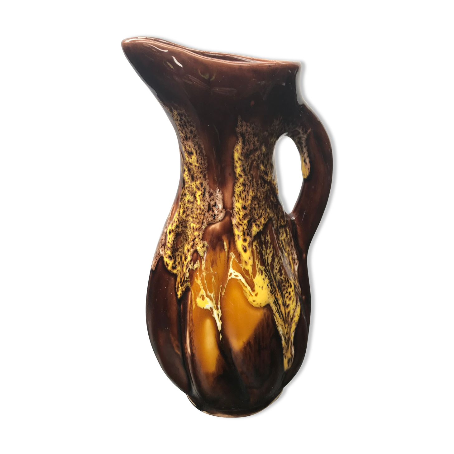 Ancien pichet céramique marron & jaune années 70 vintage