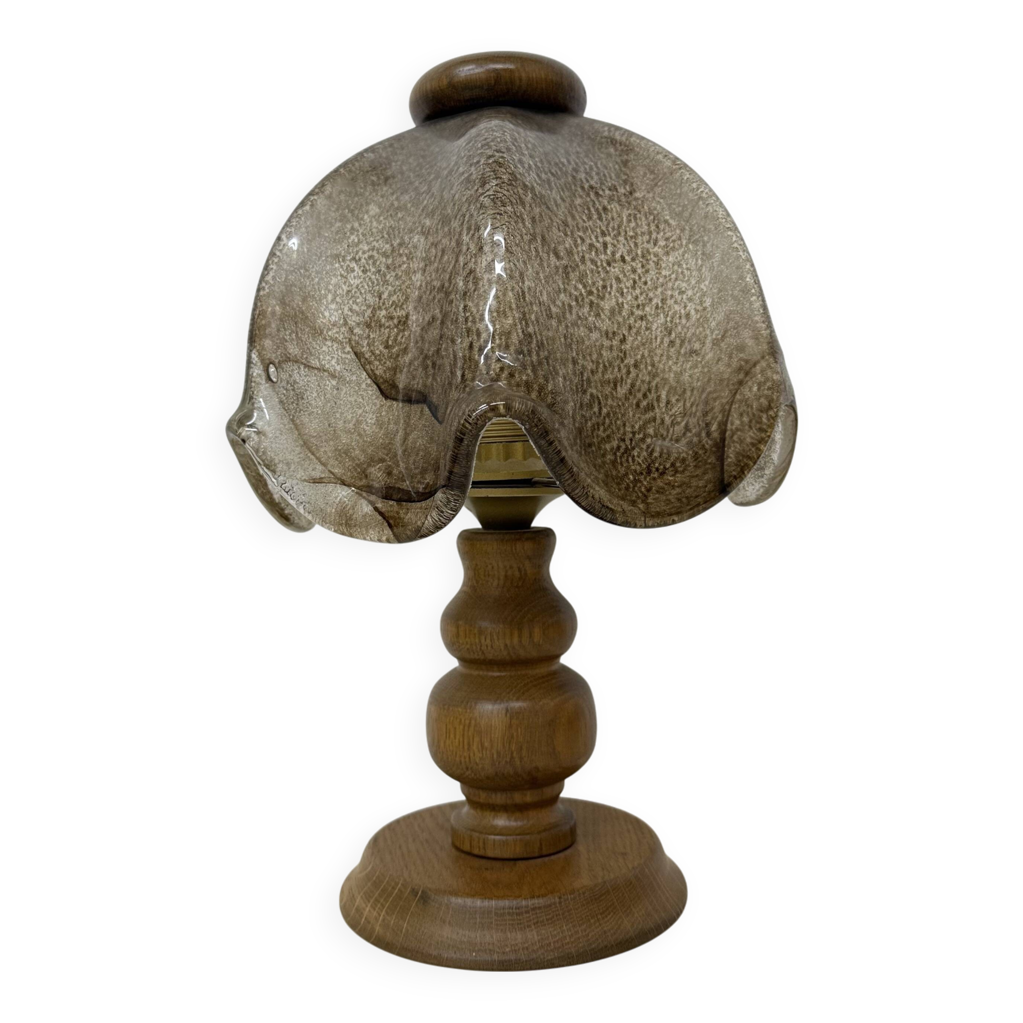 Vintage brutalist glass table lamp with solid oak wooden base , 1970s