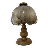 Vintage brutalist glass table lamp with solid oak wooden base , 1970s