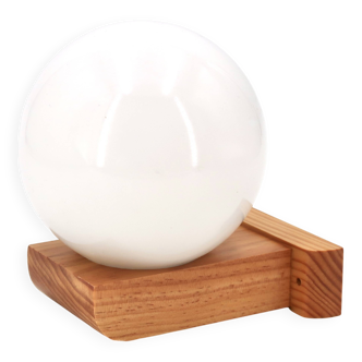 Wall light in pine wood with opaque white glass globe, 1980s