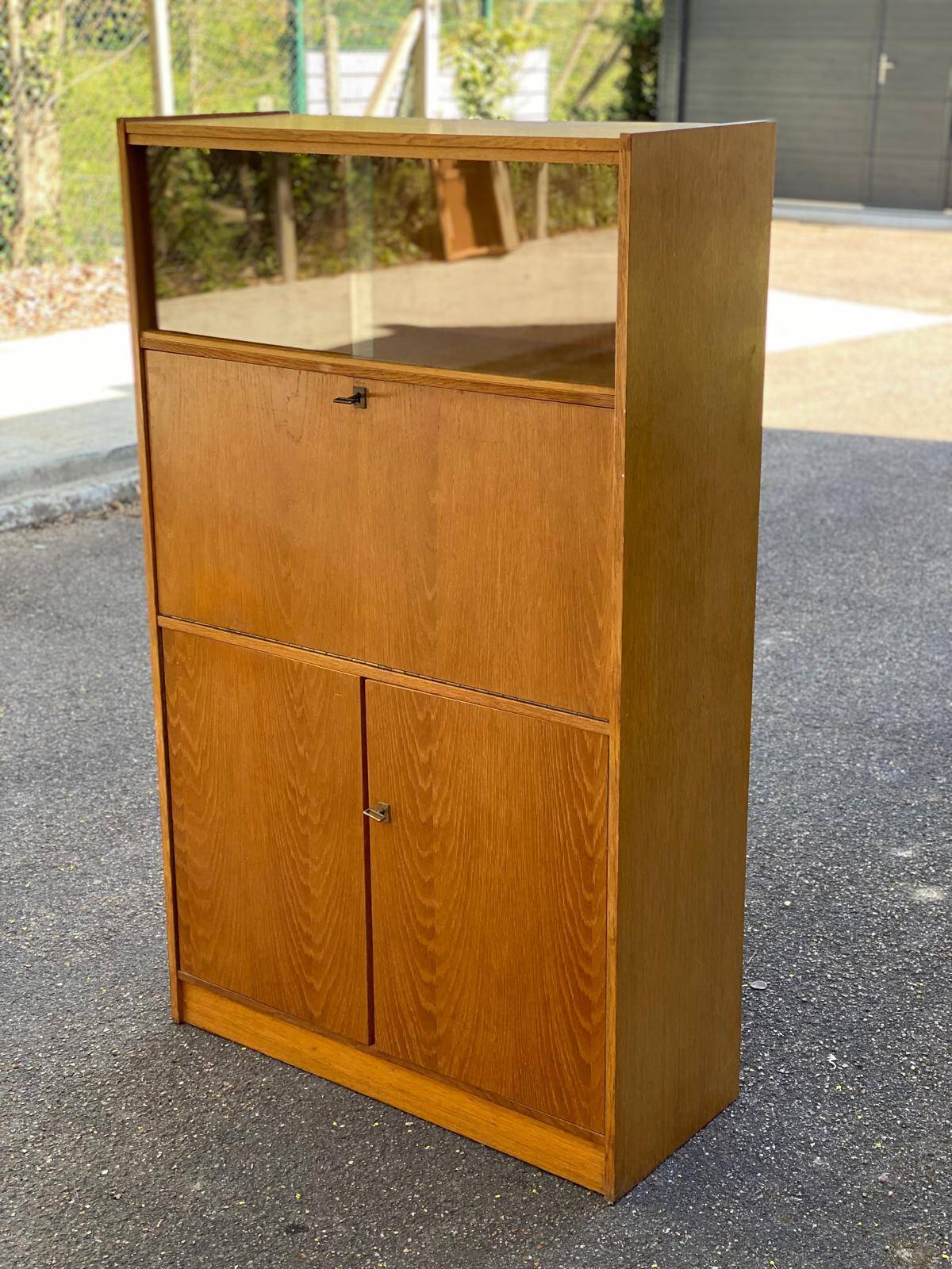 Vintage Scandinavian glass secretary with 3 doors