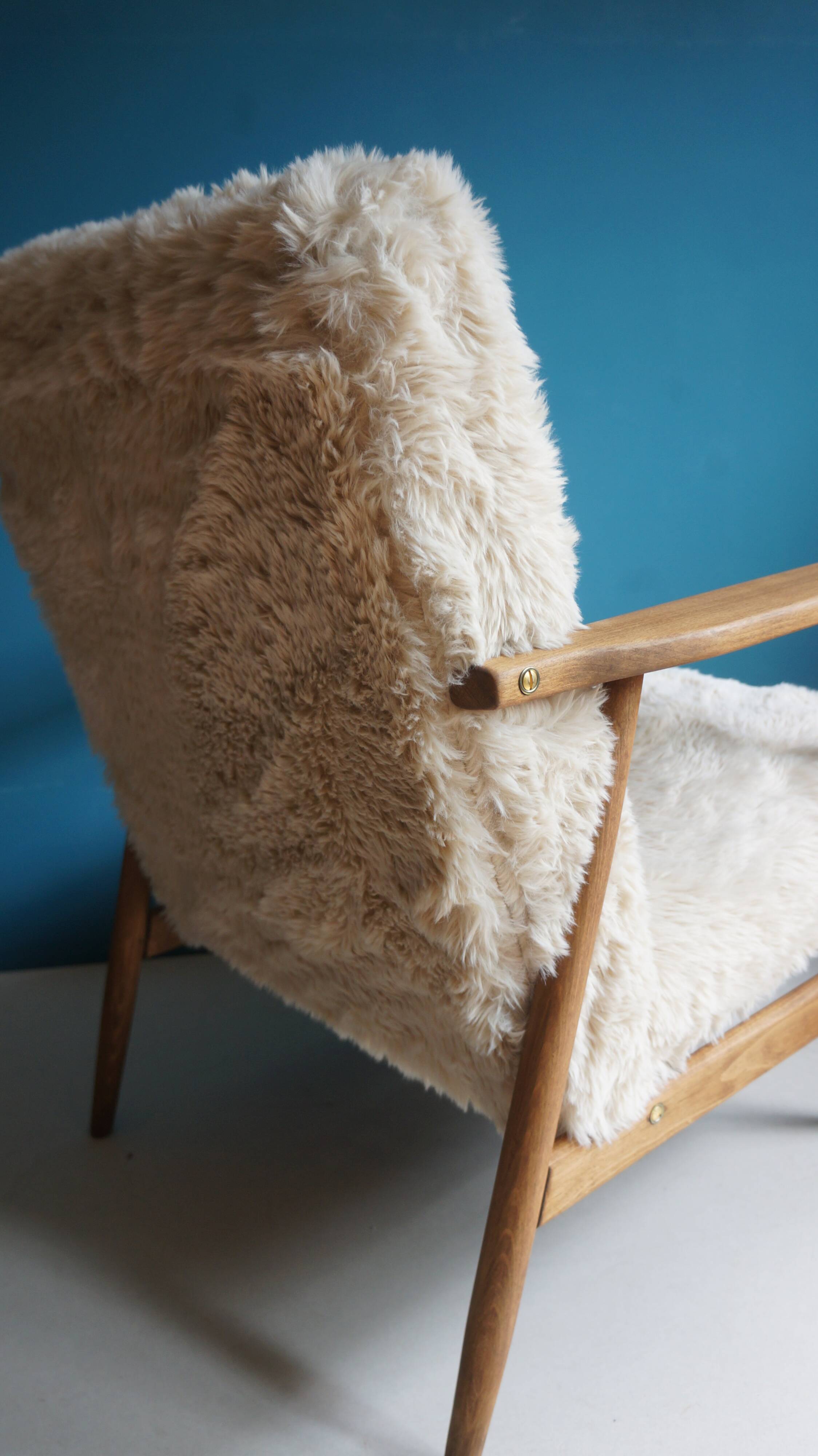 Vintage Armchair Mid-Century Beige Faux Fur Restored