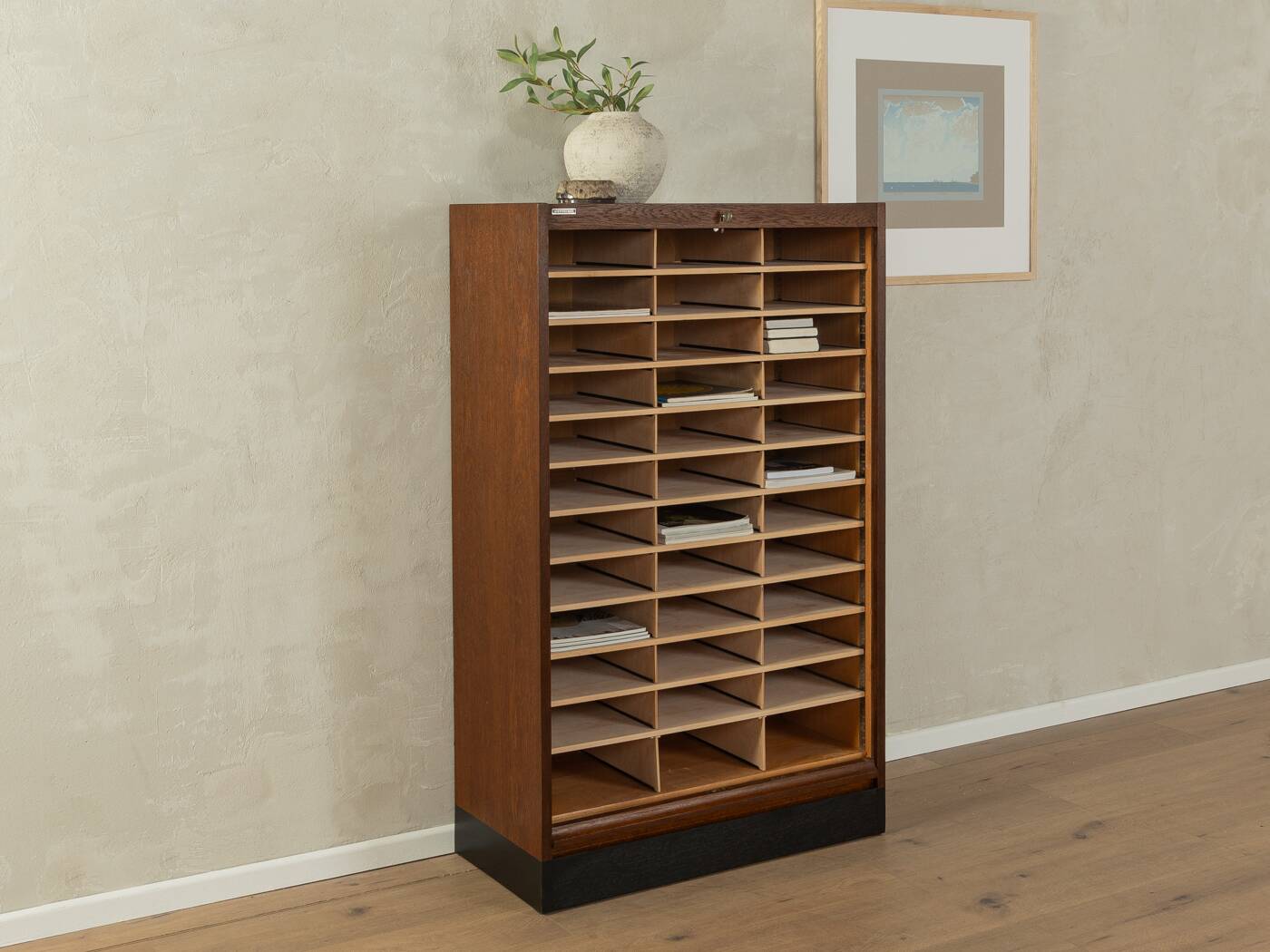 Tambour cabinet from the 1950s, dark stained oak veneer