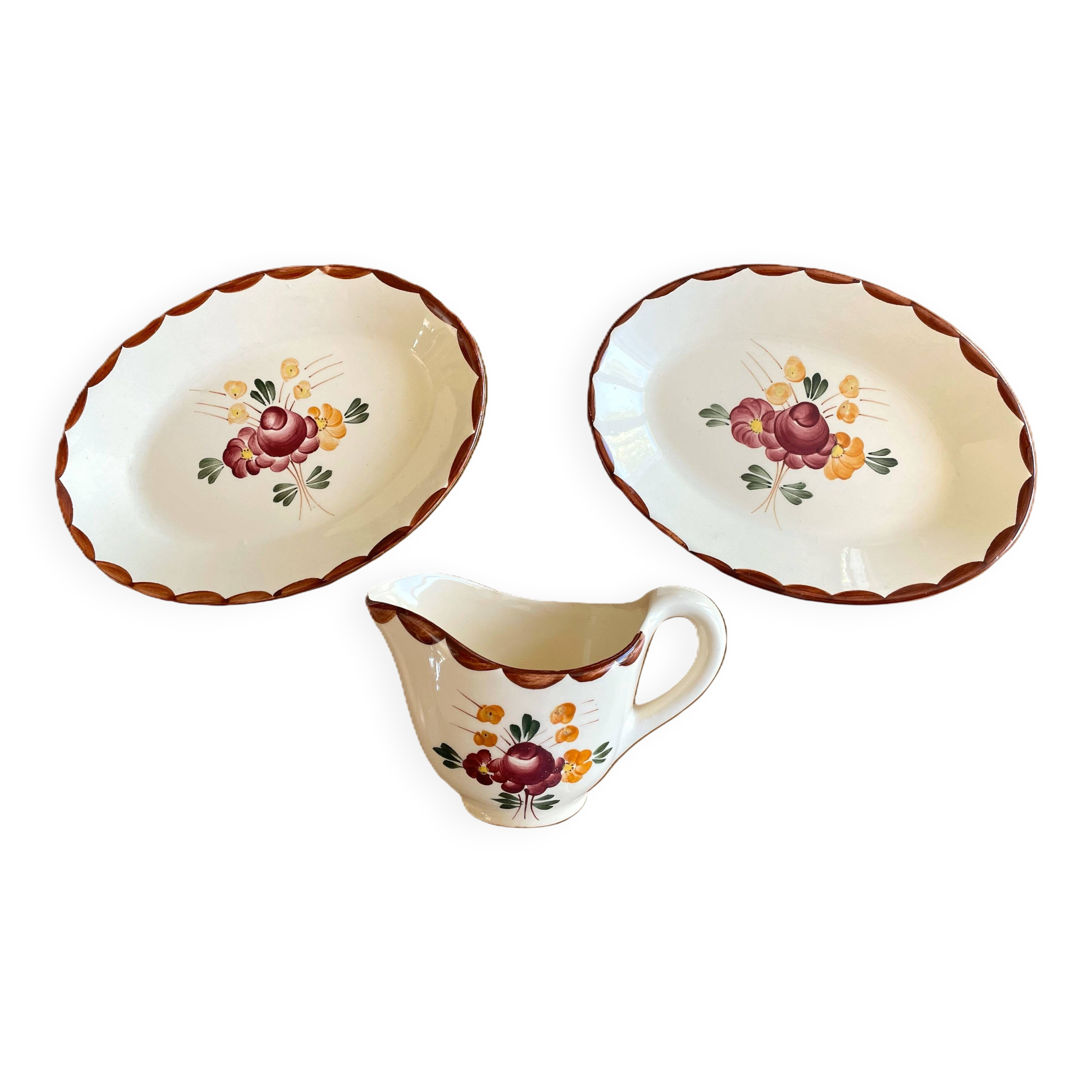 Pair of antique Longchamp earthenware raviers and sauceboats