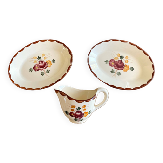 Paire de raviers et saucière ancienne en faïence de Longchamp