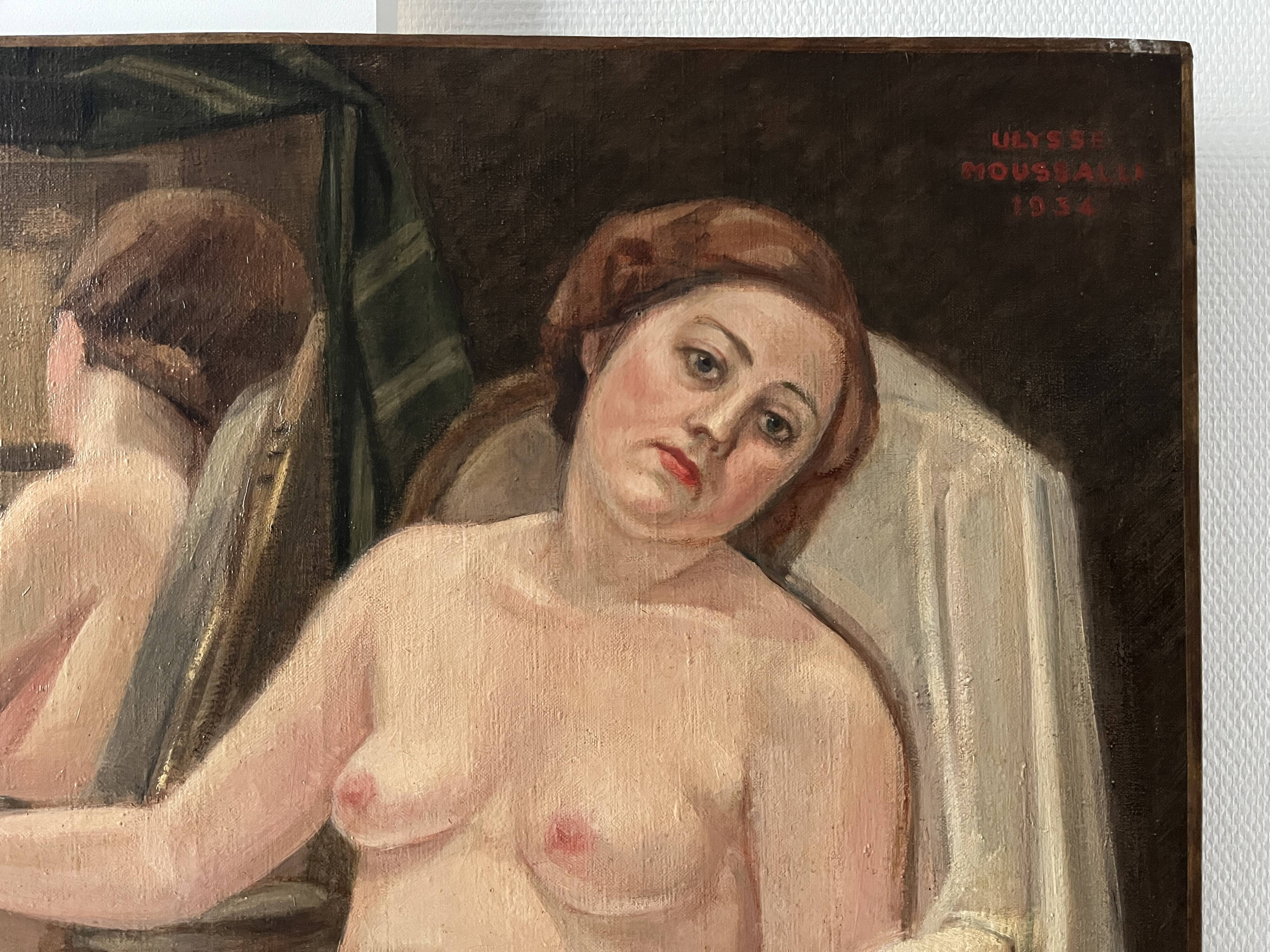 Oil painting on canvas of a nude woman in Art Deco style, old portrait.