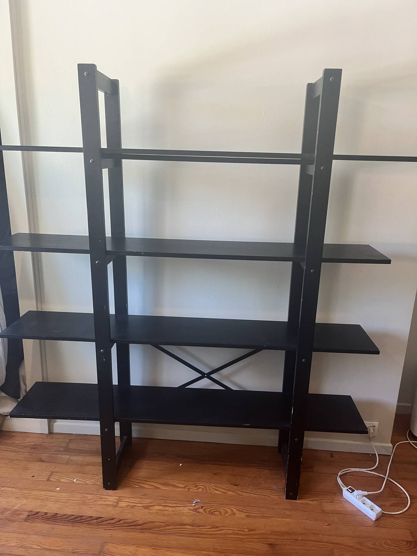 Large vintage bookshelf in solid black wood, Scandinavian style.