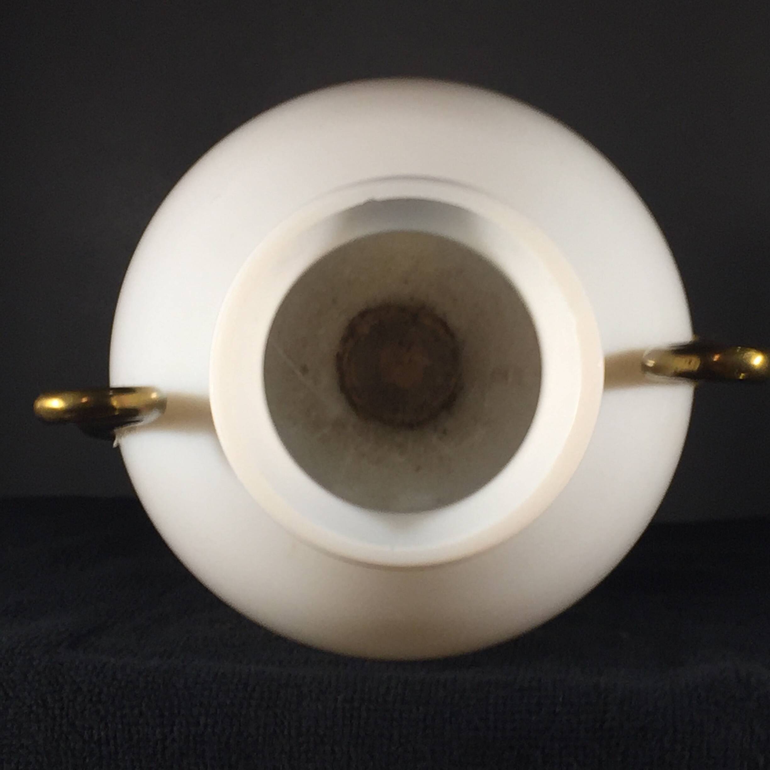 Venini Primavera in Murano, white opaline glass with gilded handles, bronze base.