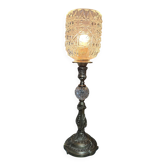 Lampe pied laiton et boule de verre, globe en verre ciselé