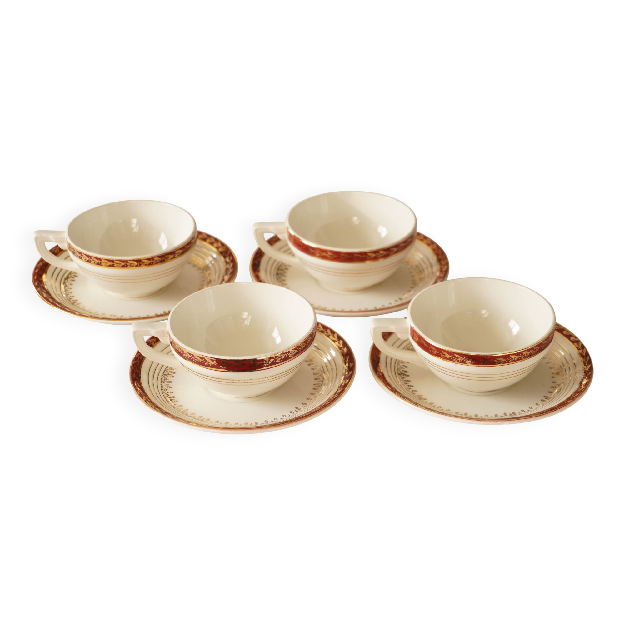 Set of 4 white, red and gold porcelain teacups, Ceranord