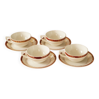Set of 4 white, red and gold porcelain teacups, Ceranord