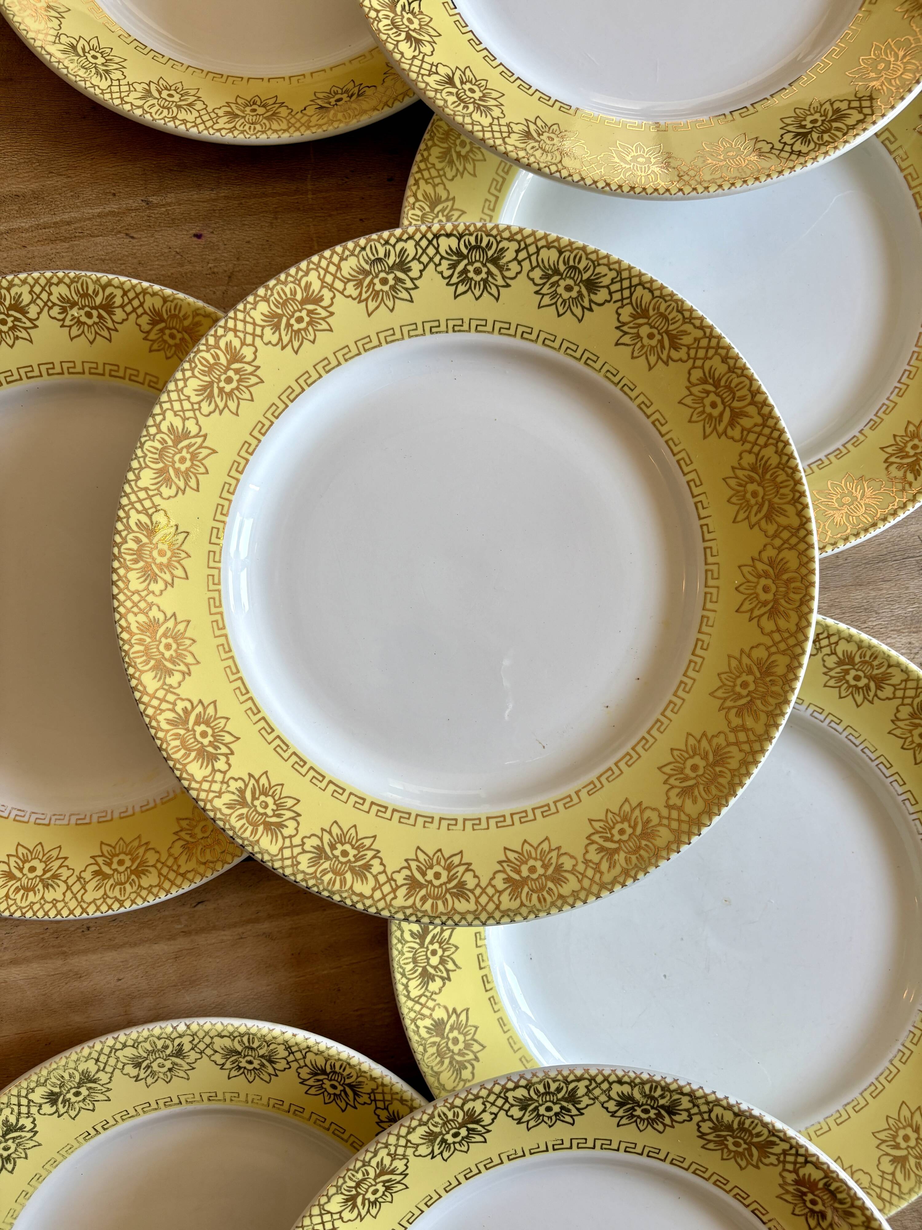 Set of 10 vintage white, yellow and gold dinner plates