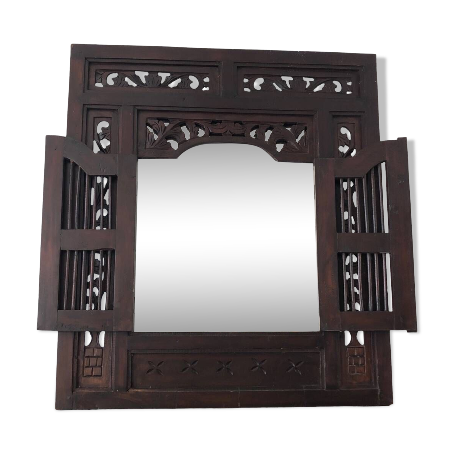 Vintage Indonesian teak shuttered mirror