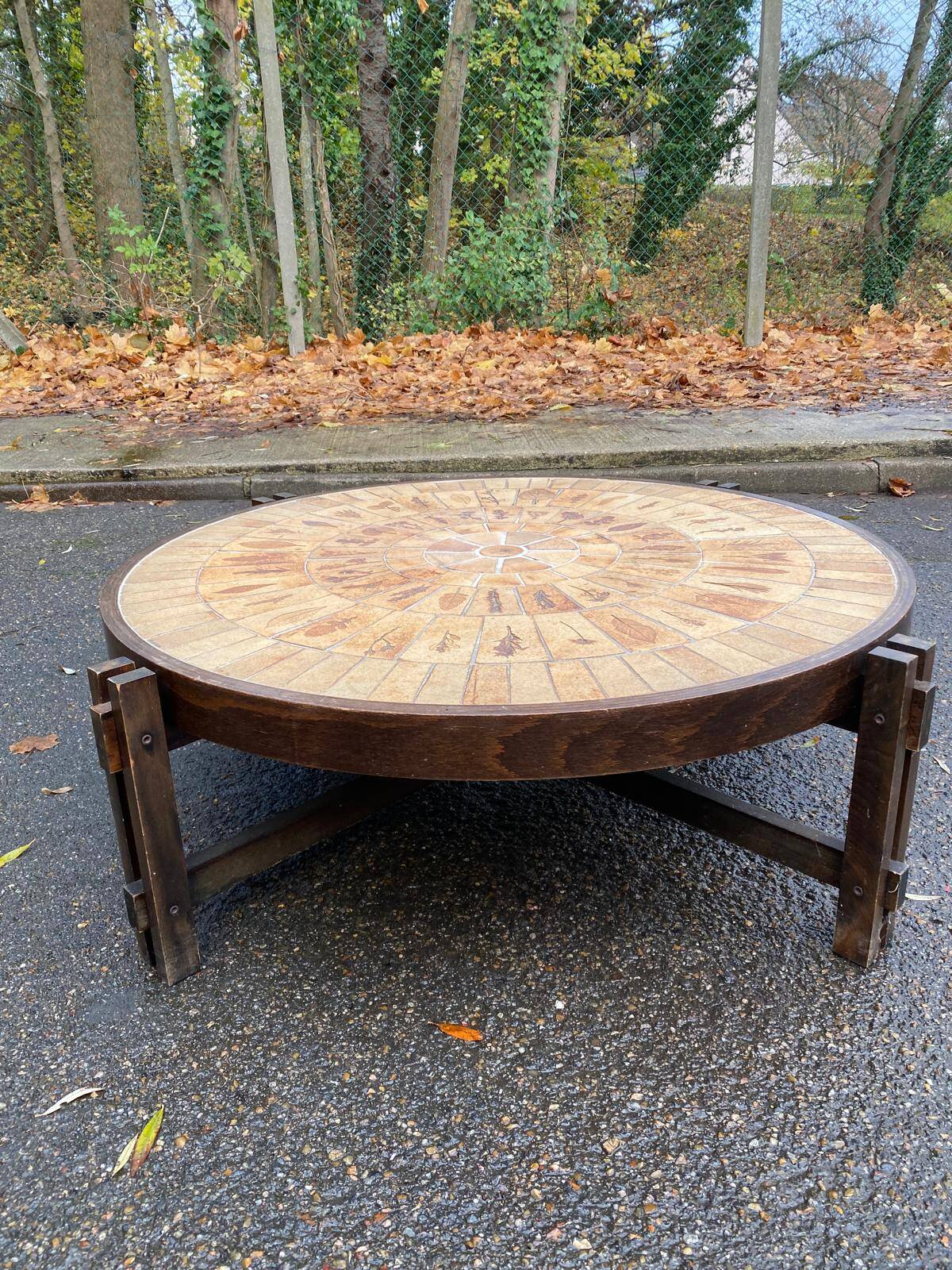 Vintage Roger Capron coffee table, ceramic and herbarium design, 105cm