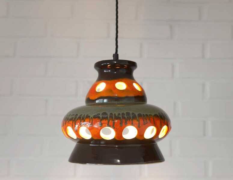 Vintage ceramic pendant light: 1970s rustic handmade chandelier