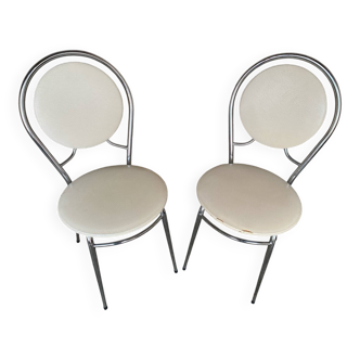 SOUDEXVINYL Chair Pair Chrome Metal + White Skai 70s Vintage #