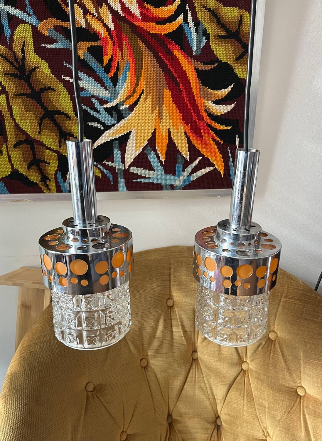 Paire globes chrome verre orange Space age pop seventies