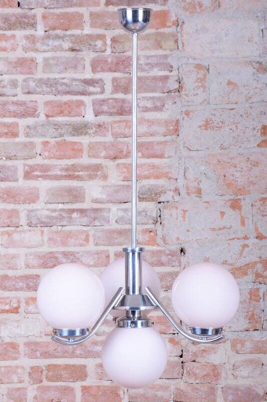 Art Deco Chandelier in Chrome-Plated Steel and Opal Glass, Czech, 1920s