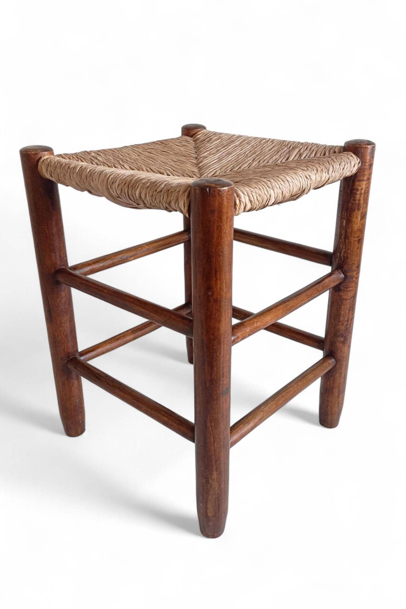 Charlotte Perriand Style, Pair of Rustic Wood and Straw Stools, France, c. 1950s