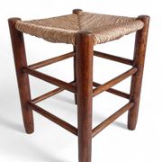 Charlotte Perriand Style, Pair of Rustic Wood and Straw Stools, France, c. 1950s