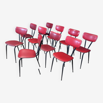 Lot de 10 chaises rétro skaï rouge pieds compas métal noir années 50