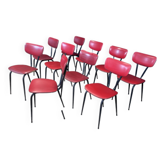 Lot de 10 chaises rétro skaï rouge pieds compas métal noir années 50