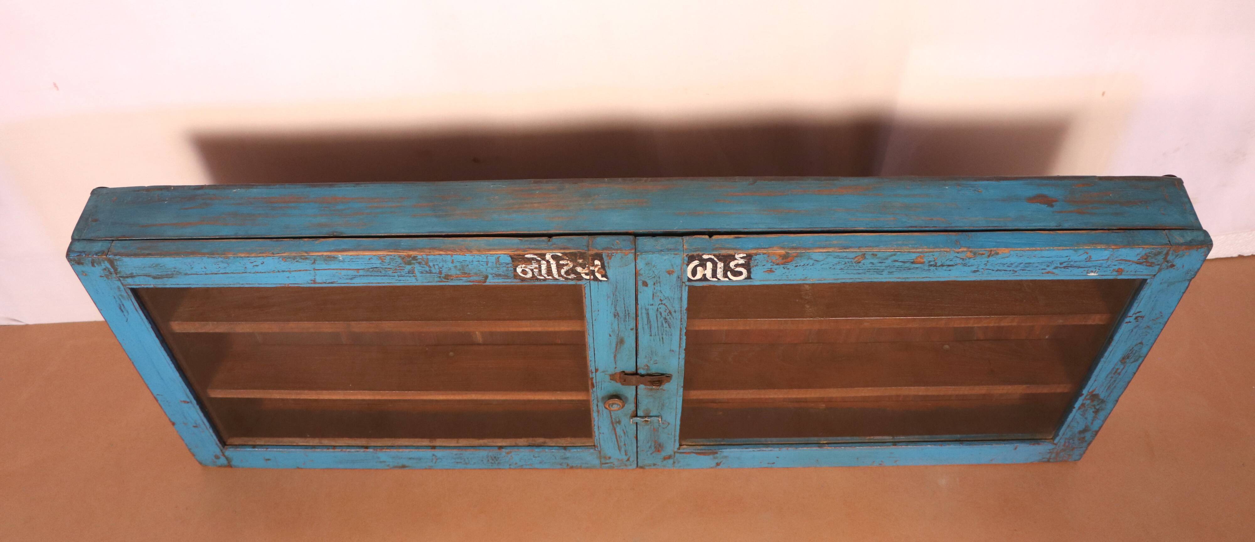 Old Burmese teak wall display case original blue patina