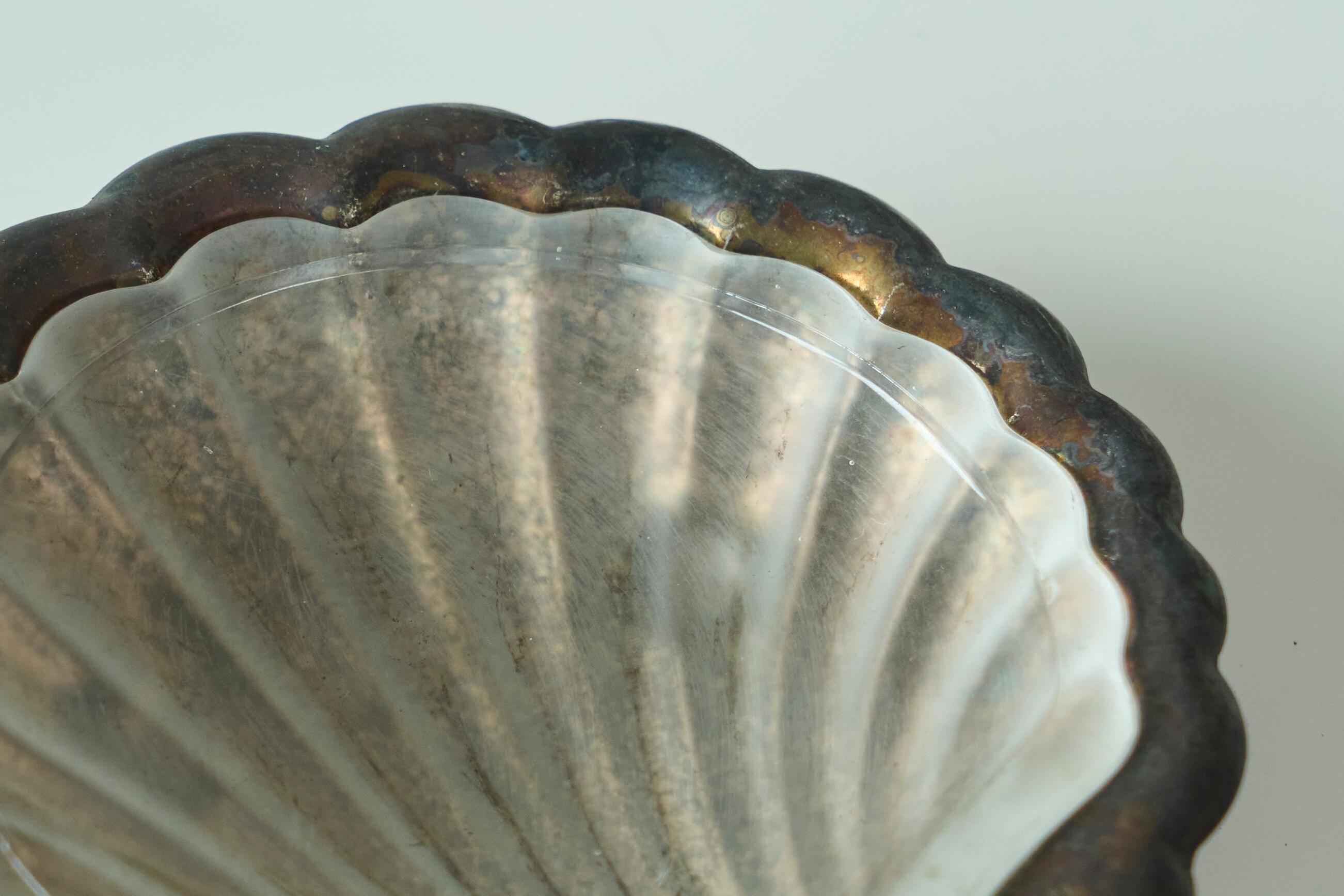 Art Deco Shell Pocket Bowl in Patinated Silver and Satin Glass from the 1930s