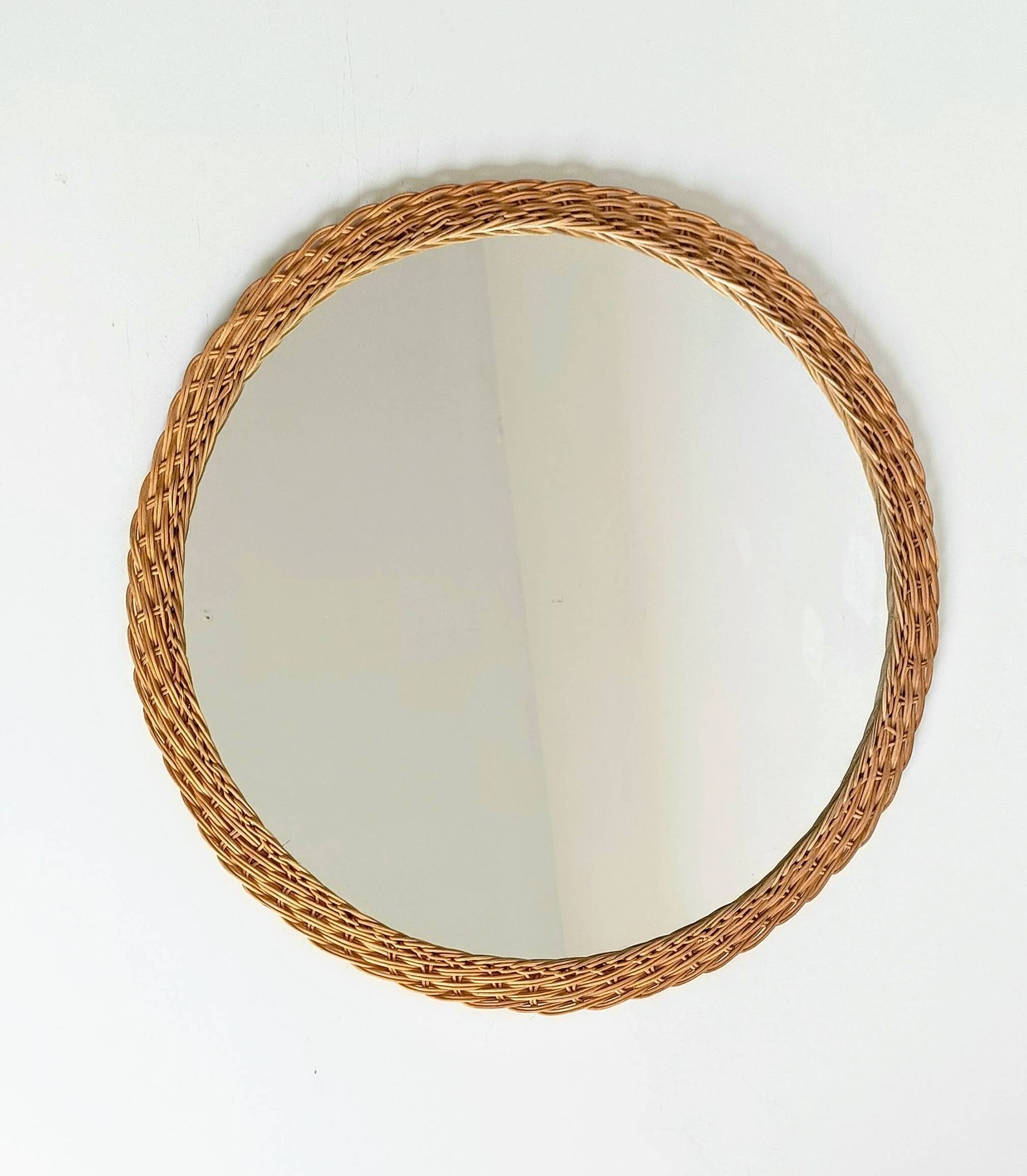 Rustic French Provence Wicker Round Mirror, Mid-Century, Handmade, France