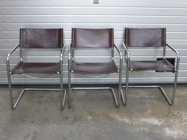 3 fauteuils Matteo Grassi en cuir marron et structure chromée vintage