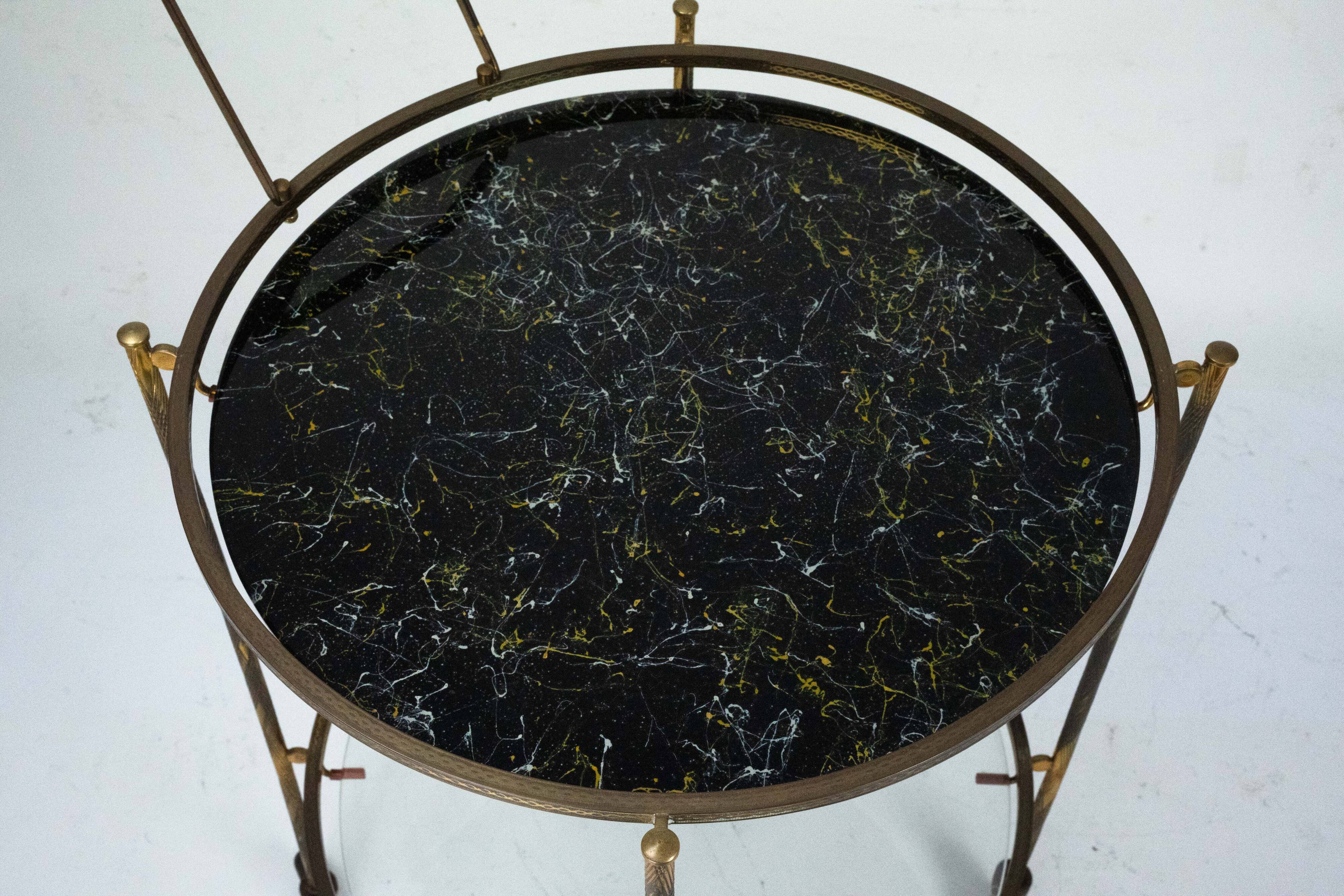 Round Mid-Century Brass and Marble-Effect Glass Bar Cart. Italy 1950s