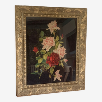 Tapestry the bouquet of flowers framed in a frame of wood and old resin