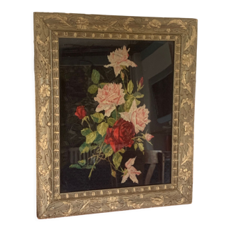 Tapestry the bouquet of flowers framed in a frame of wood and old resin