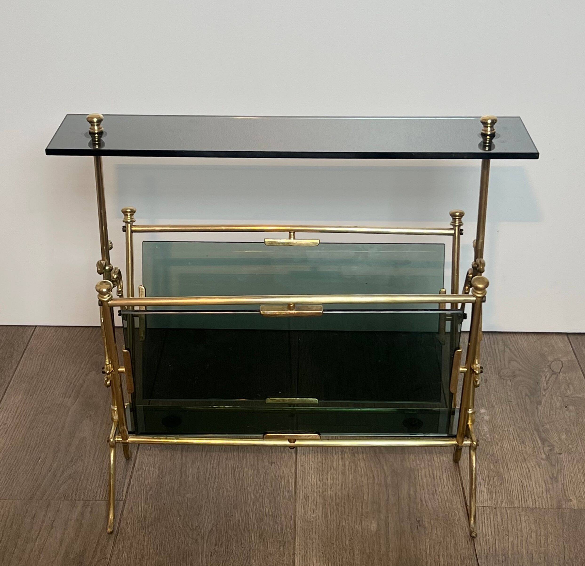 Brass magazine rack and blue-tinted glasses