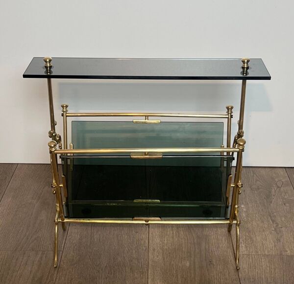 Porte-revues en laiton et verres bleutés