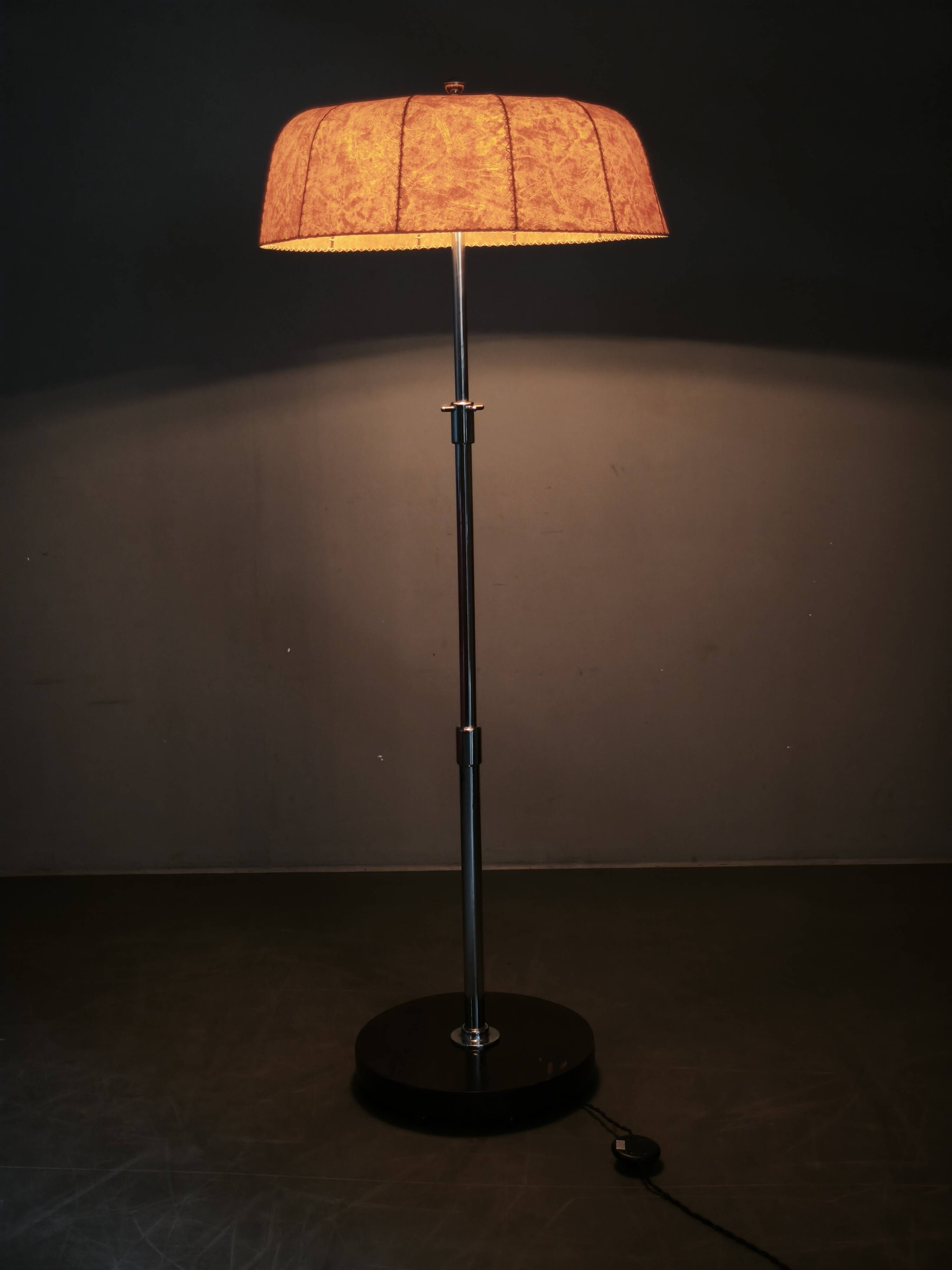 1950s Czechoslovakian Art Deco Chrome Floor Lamp with Handmade Shade