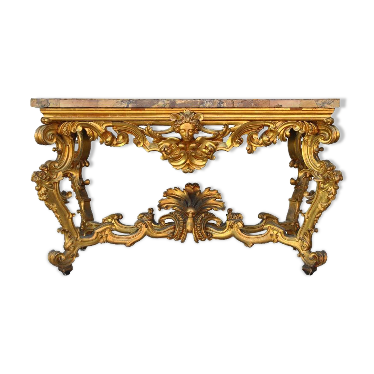 Console rocaille bois doré marbre romain XVIIème