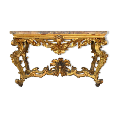 Console rocaille bois doré marbre romain XVIIème