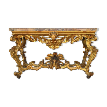 Console rocaille bois doré marbre romain XVIIème