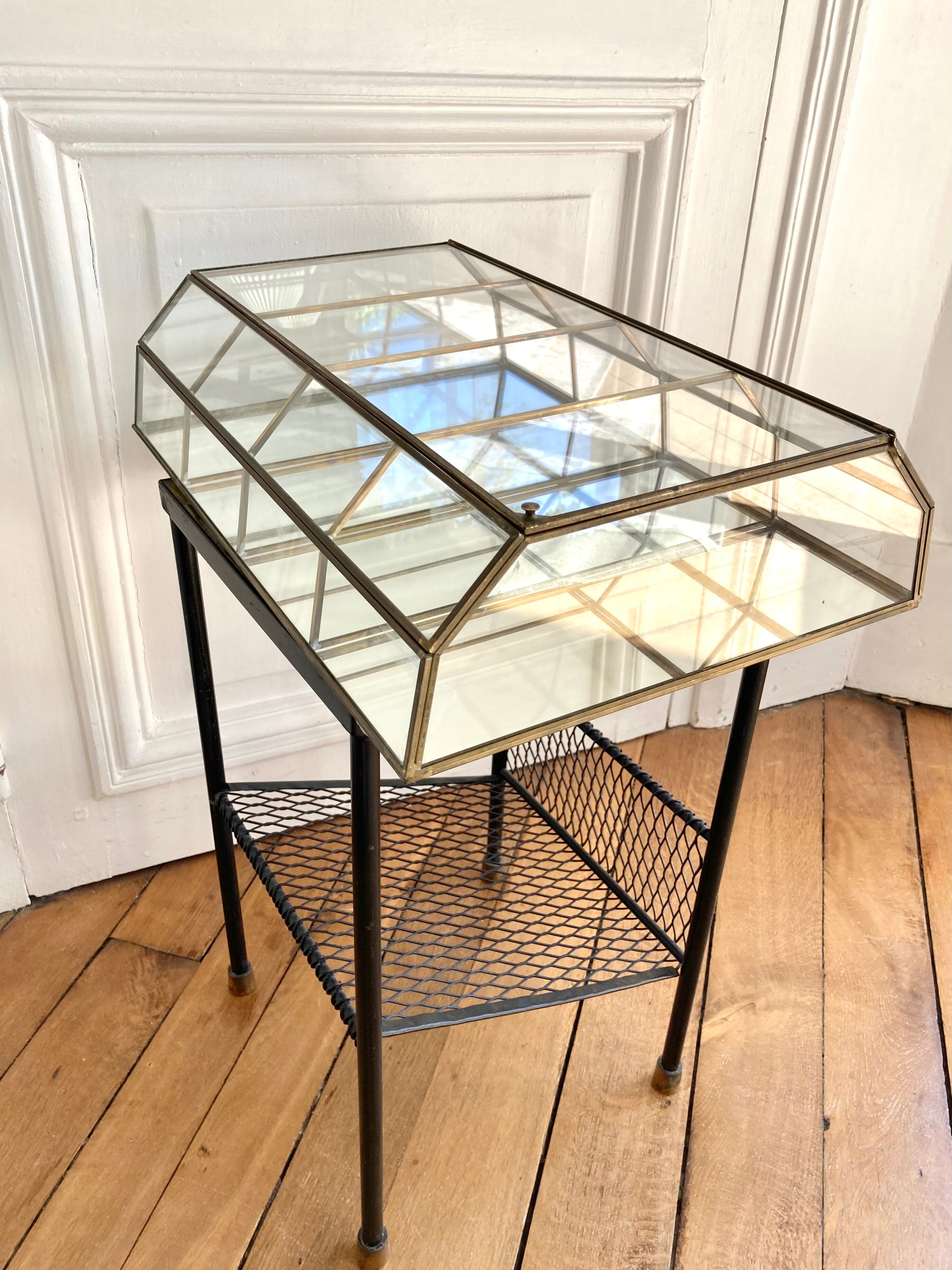 Wall showcase XXL brass glass and mirror 1960