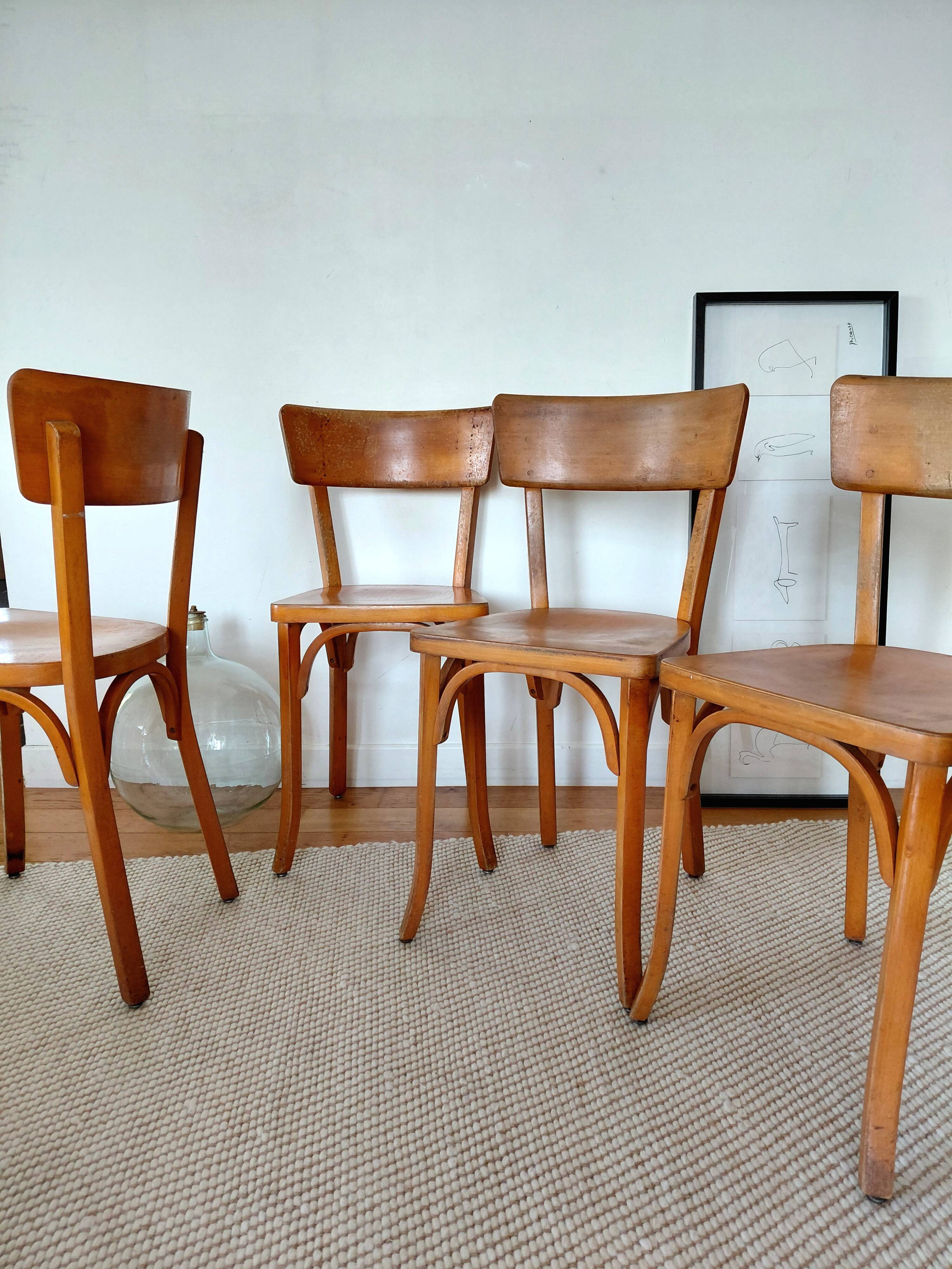 Rare set of 4 Baumann bistro chairs - branded with a hot iron (1930s/40s)