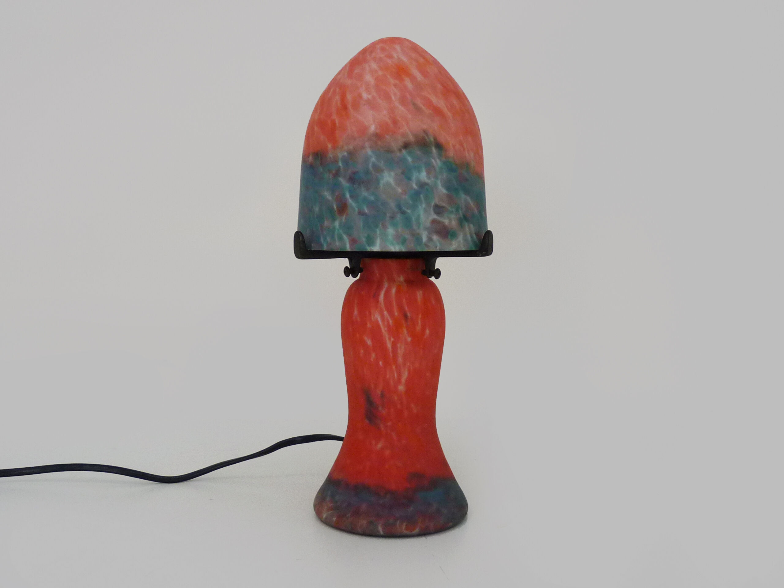Lampe champignon en pâte de verre marmoréen orange bleu, année 80