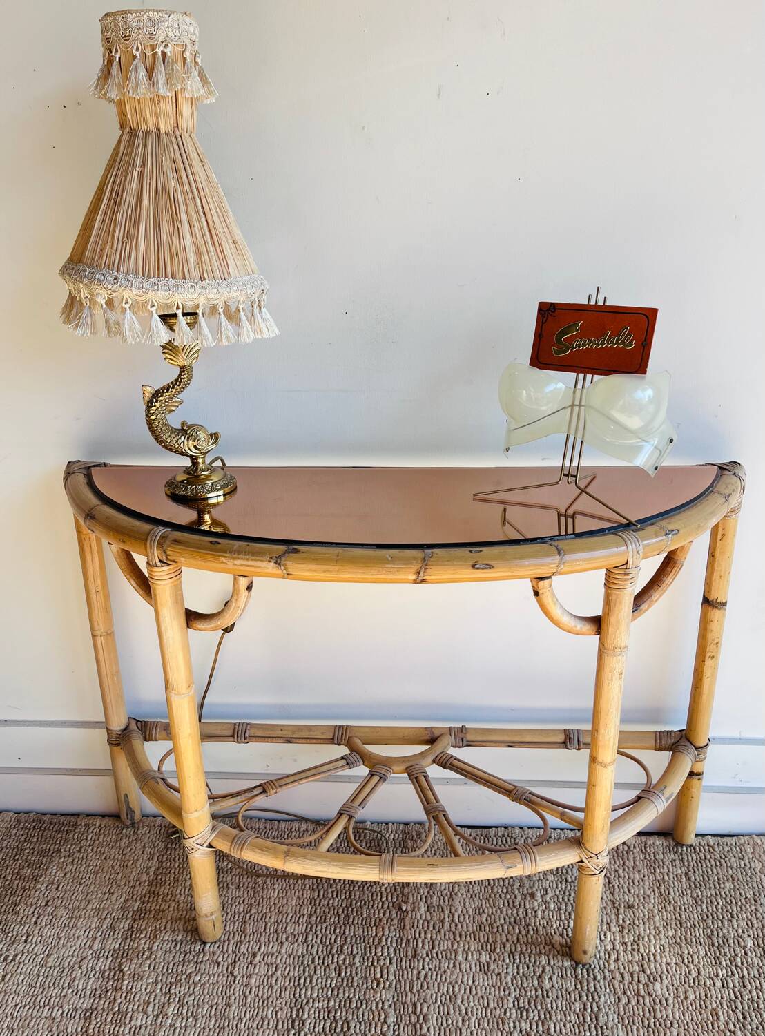 Console table d’appoint en rotin avec miroir rose