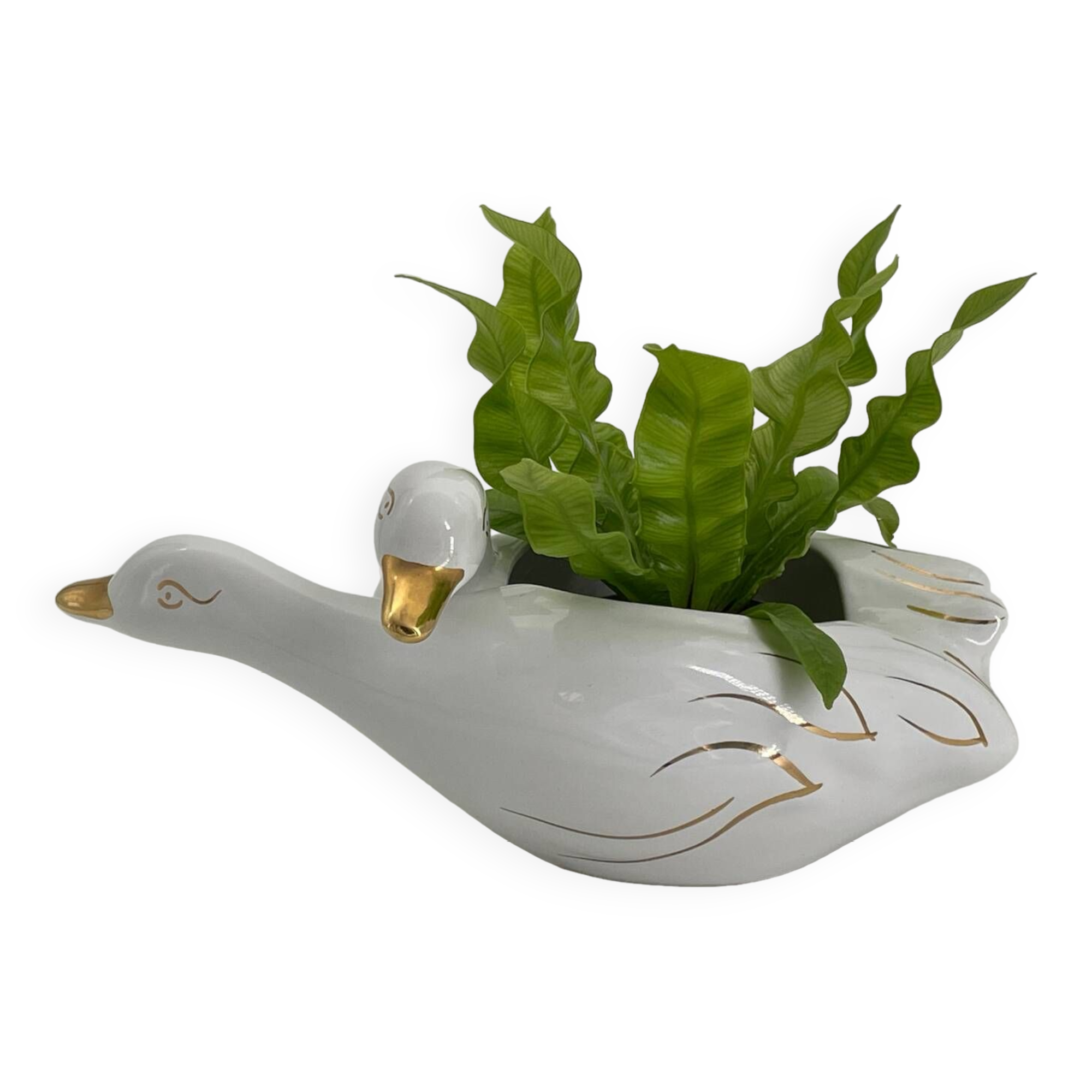 Cache pot two swans in vintage white and gold porcelain