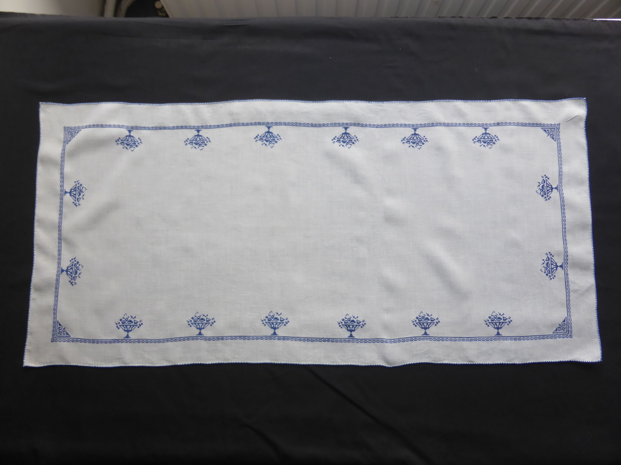 Old linen yarn case embroidered in blue with fruit baskets-6 Tray fund
