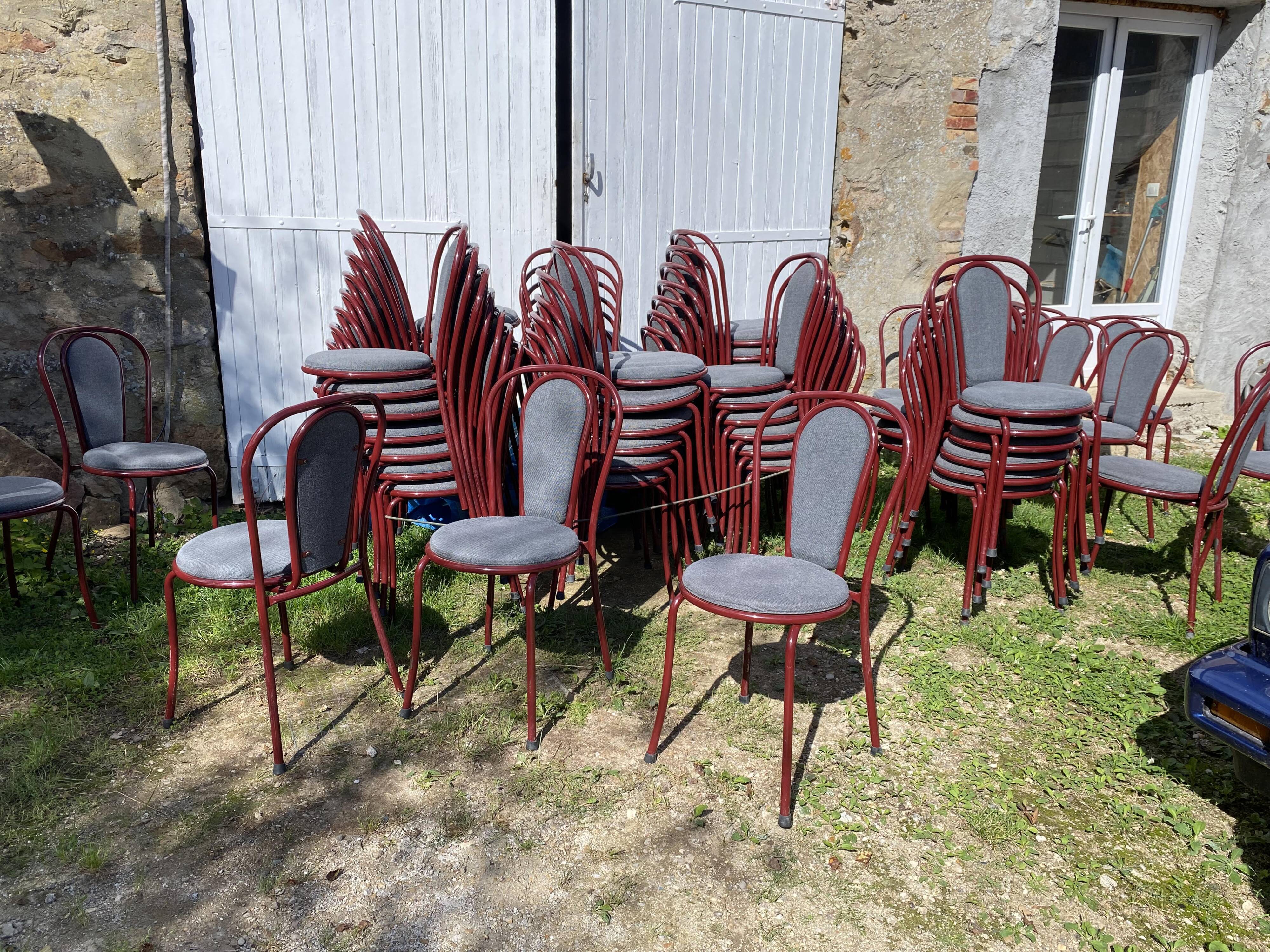 Metallic burgundy bistro chair for restaurants and communities with gray fabric