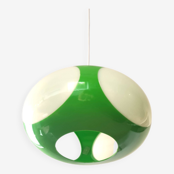 Lampe à suspension ovni vintage verte et blanche - design de l'ère spatiale de massive 1970