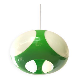 Vintage green and white ufo pendant lamp - space age design from massive 1970's