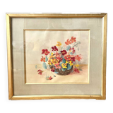 Grand tableau Aquarelle encadrées fin 19e siècle motif panier de fleurs
